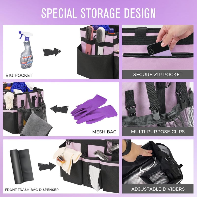 SCAVATA Wearable Cleaning Caddy, Cleaning Caddy Supplies Organizer with Handle & Shoulder Straps for Housekeepers, Under Sink & Car Cleaning Tool Organizers Bag with 4 Foldable Divider (Lilac) - Image 2